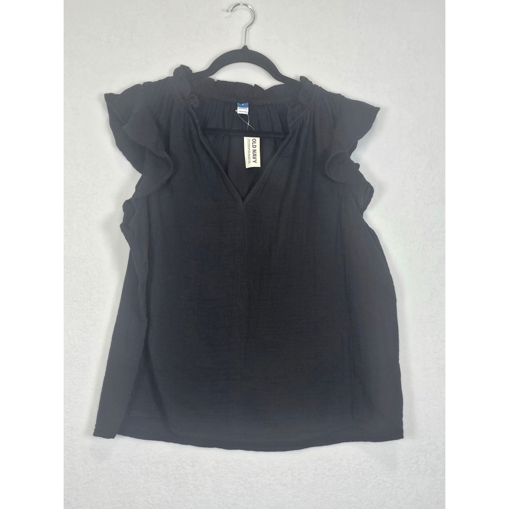 Boho Old Navy Demi Ruffle Blouse Women L Black Gauze Flutter Sleeve V-Neck Top